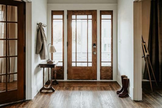 An entryway with a wooden front door, a sweater on the coat hooks, and a pair of boots on the floor.
